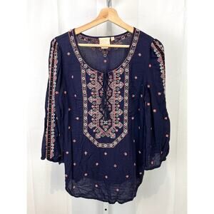 Anthropologie Navy and Pink Embroidered Blouse